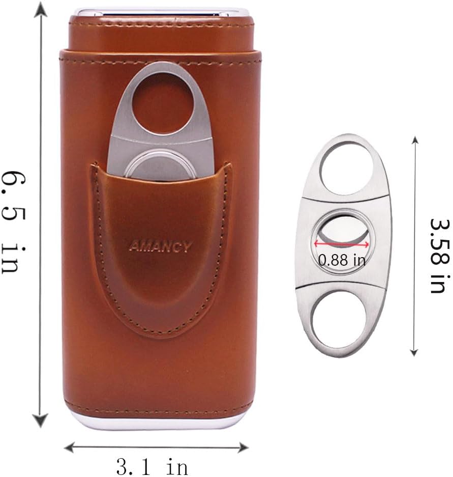 AMANCY Zigarrenetui, für 3 Finger, Leder, mit Zedernholz, mit silberfarbenem Edelstahlschneider, Bra