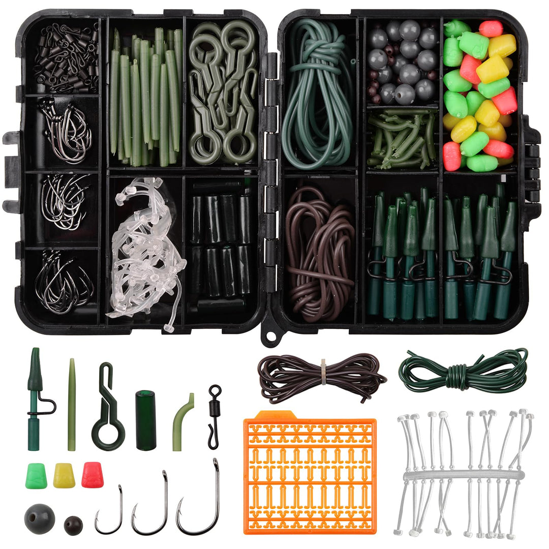 Karpfen Angelzubehör Set, 225stk Karpfen Tackle Kit inkl. Karpfenhaken, Anti-Verhedderungshülsen, An