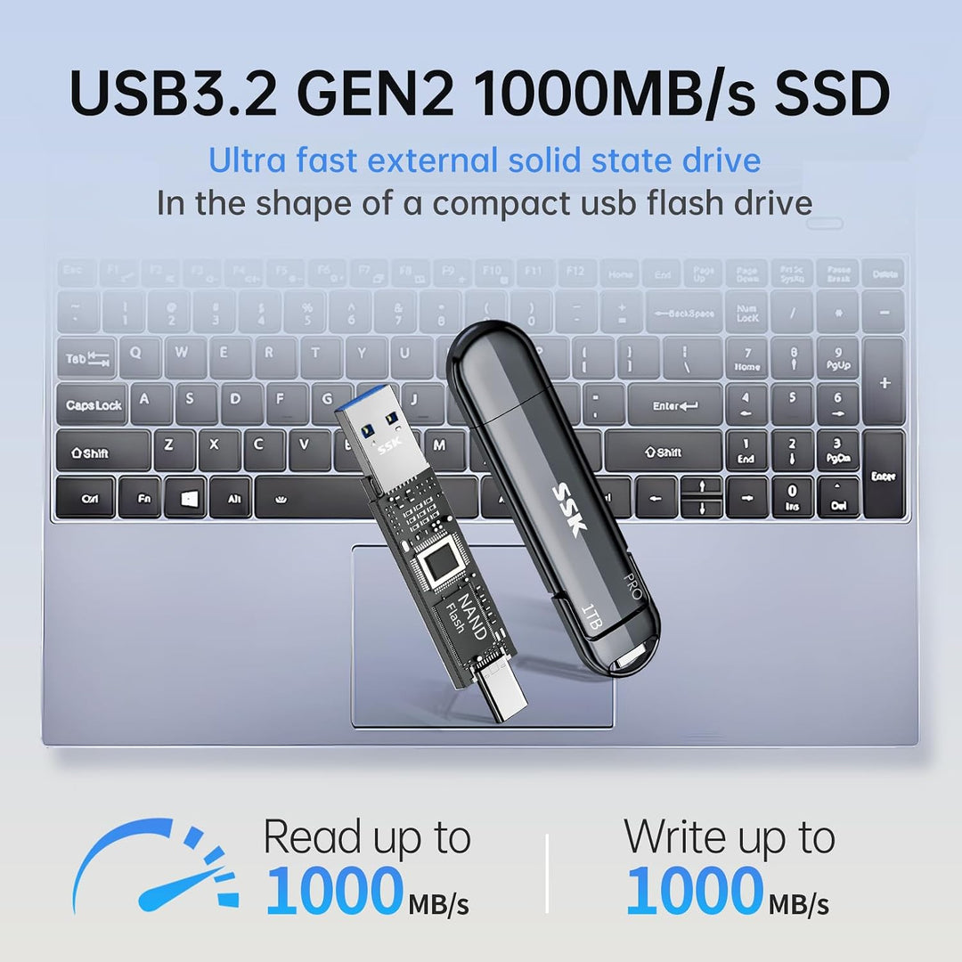 SSK 1TB USB C Stick bis zu 1000MB/S, Dual Portable SSD USB 3.2 Gen2 Type-A und Typ-C Externe Solid S