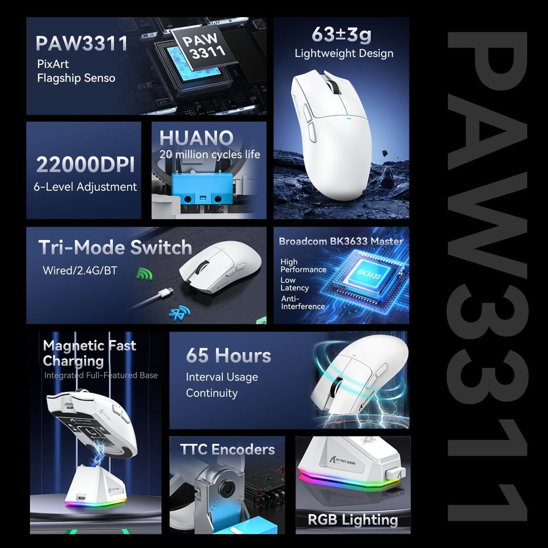 ATTACK SHARK X11 Gaming Mouse mit Magnetic Charging Dock, PixArt PAW3311 Gaming Sensor, BT/2.4G Wire