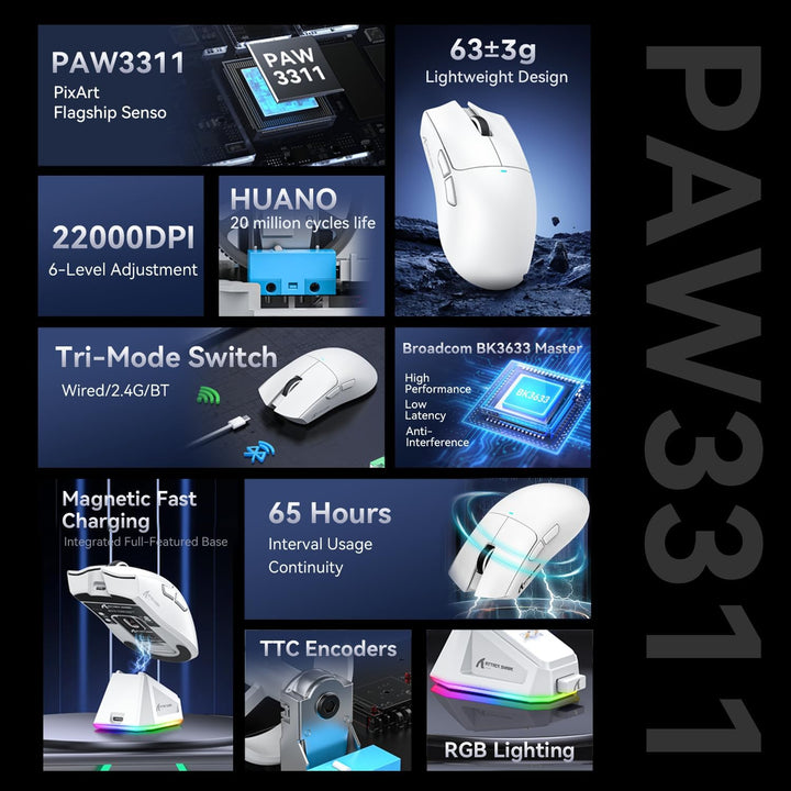 ATTACK SHARK X11 Gaming Mouse mit Magnetic Charging Dock, PixArt PAW3311 Gaming Sensor, BT/2.4G Wire