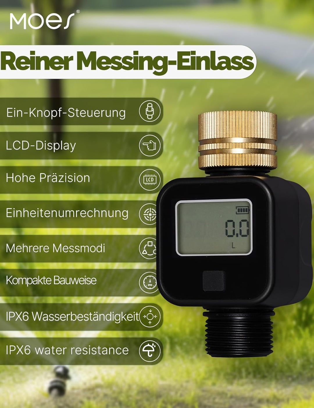 MOES Wasserzähler,Praktischer Wasseruhr für Garten,4 Modi zur Kontrolle des Wasserverbrauchs,Wasserm