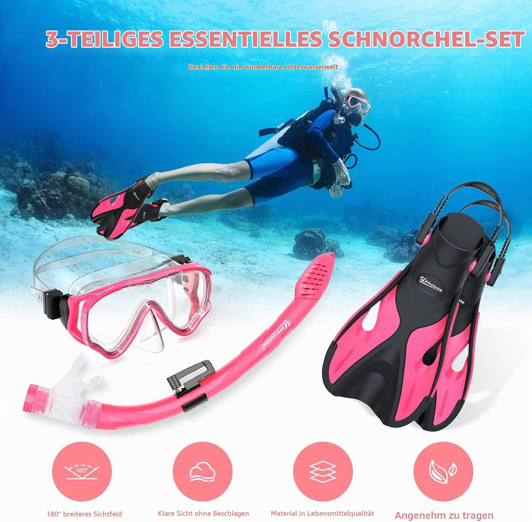 Schnorchelset Kinder mit Flossen,Anti-Fog 180°Panorama Taucherbrille Kinder, Verstellbaren Schwimmfl