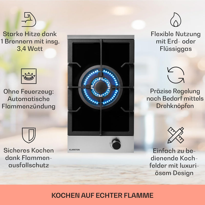 Klarstein Alchemist Gaskochfeld - autarkes Glaskeramik Kochfeld, Aluminium-Brenner, Erdgas/Butangas,