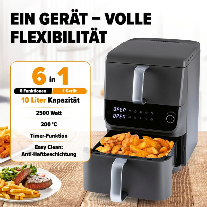 GOURMETmaxx FryUp Doppelkammer Heissluftfritteuse MultiSize - 10 L | vertikaler Airfryer mit 2 Kamme