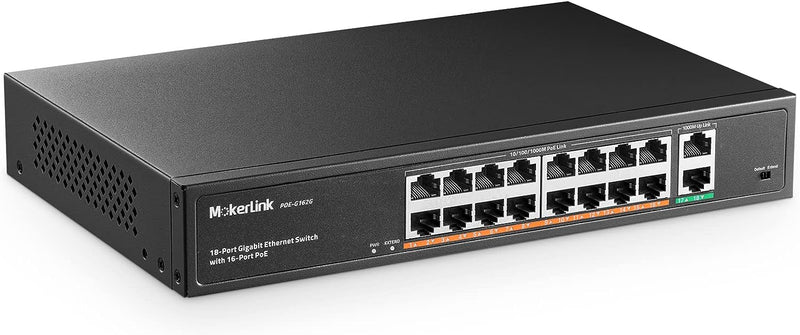 MokerLink 16 Port Gigabit PoE Switch, 2 Gigabit Uplink, 250W IEEE802.3af/at, Nicht Verwalteter Rackm