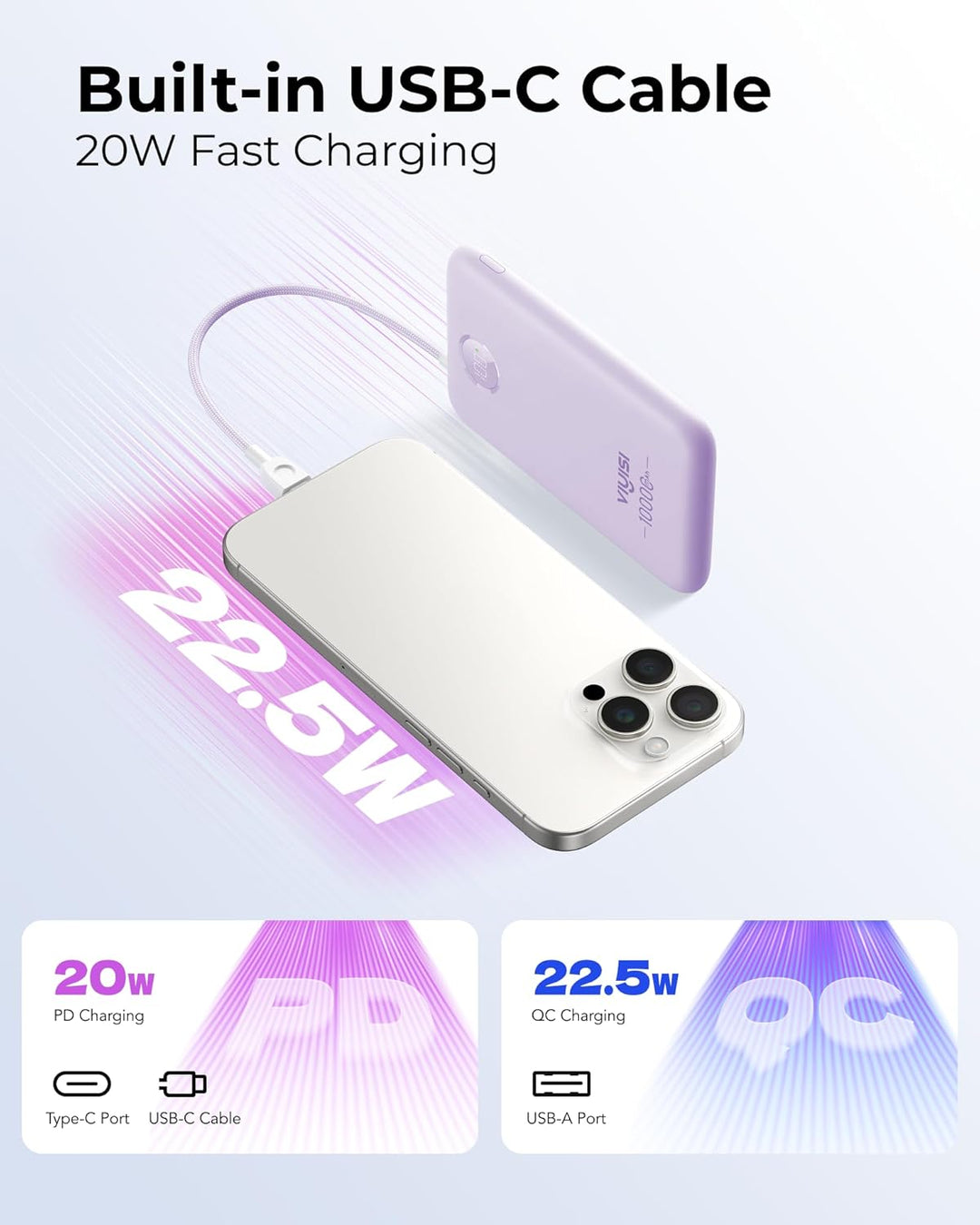 VIYISI Powerbank 10000mAh Ultradünn, 22.5W PD 20W Fast Charge mit Integriertem USB-C Kabel, LED-Anze