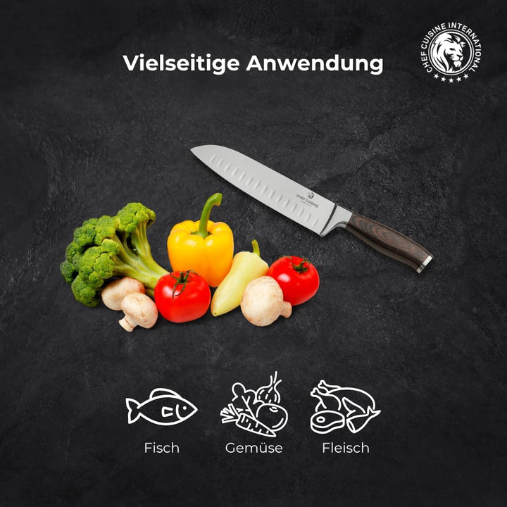 CHEF CUISINE Santoku-Messer, Klingenlänge 180 mm, Spezieller Klingenstahl, Eisgehärtet, Handgeschlif