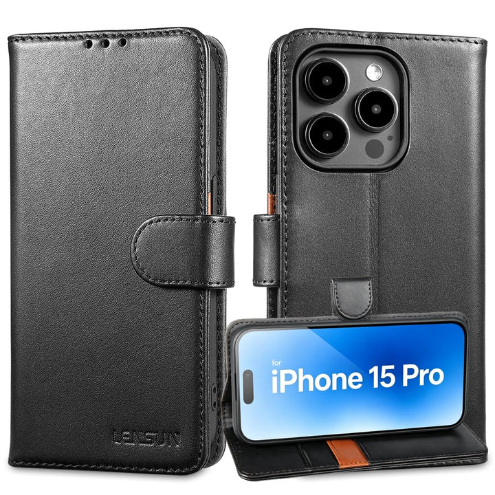 LENSUN Echtleder Hülle für iPhone 15 Pro, Handyhülle [Echtes Leder][Magnetverschluss][RFID Schutz] H