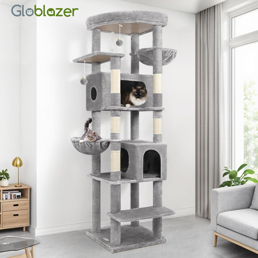 Globlazer Kratzbaum Grosse hoch 188 cm mit 2 Grosser Katzenhaus, Gepolsterte Plattform, 2 Katzenkorb