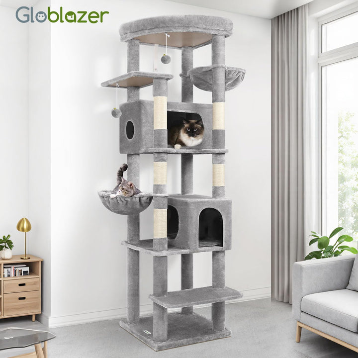 Globlazer Kratzbaum Grosse hoch 188 cm mit 2 Grosser Katzenhaus, Gepolsterte Plattform, 2 Katzenkorb