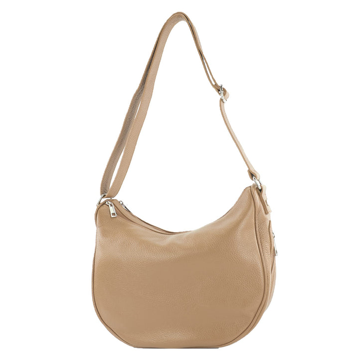 modamoda de - T222 - ital. Umhängetasche Schultertasche aus Leder Blassbraun, Blassbraun