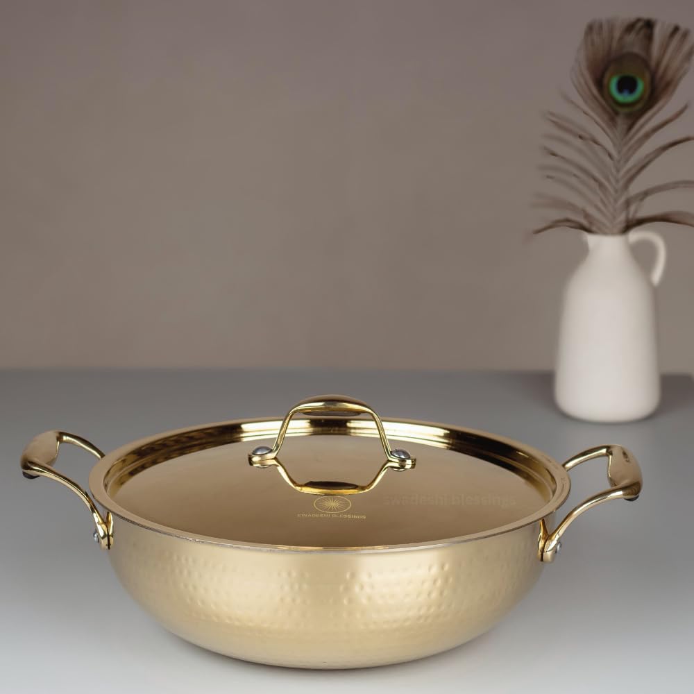SWADESHI BLESSINGS Exklusive Range Messing Kadai zum Kochen mit Deckel/Teflonfrei/Natürlich antihaft