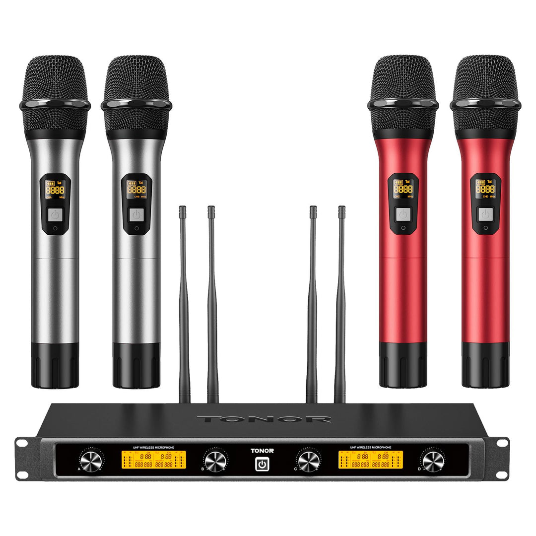 TONOR UHF Funkmikrofon Set, professionelles dynamisches Drahtlos-4er-Mikrofonsystem mit 4 Handmikrof