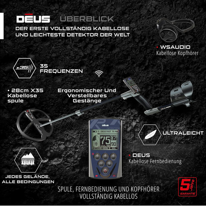 XP Metal Detectors Deus - regenfest und 100% kabellos, für die Suche nach Schätzen und Relikten - Su