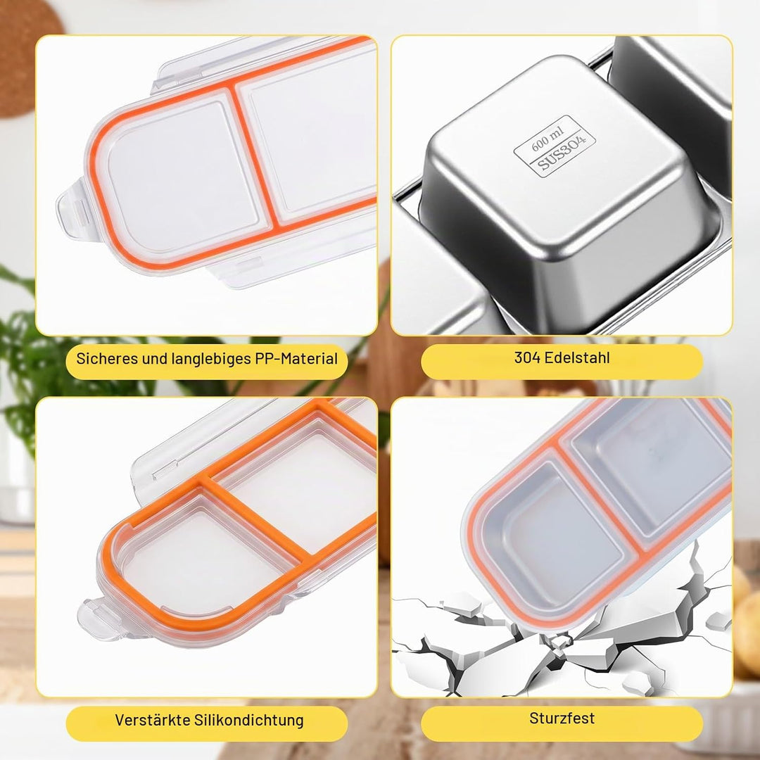 Snackbox mit Fächern Edelstahl 2 Stück 600ml und 700ml Snackbox Edelstahl mit Deckel Auslaufsicher B