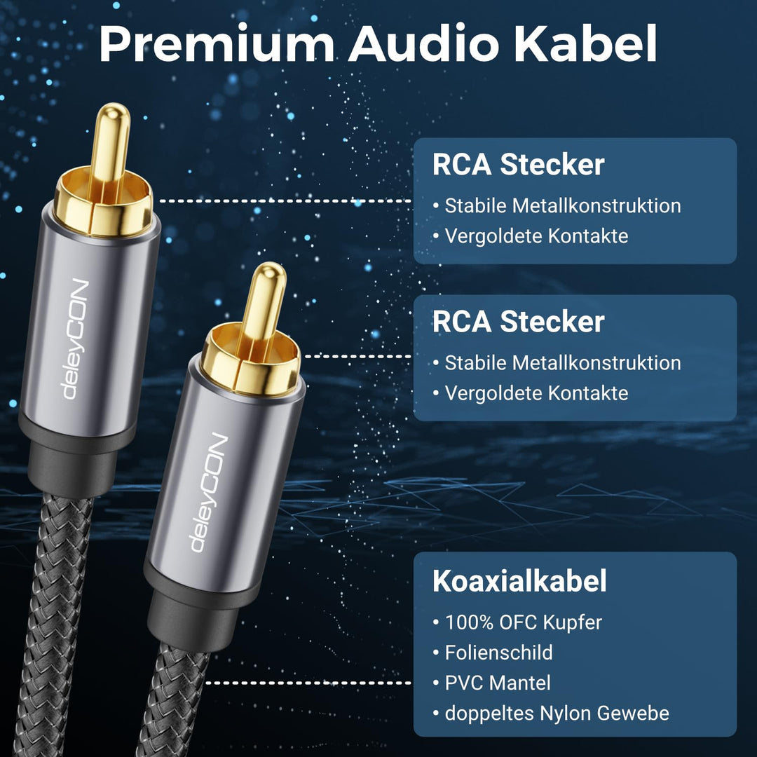 deleyCON 7,5m Subwoofer Kabel - Cinch RCA Koaxialkabel - für Subwoofer, AV-Receiver, HiFi-Verstärker