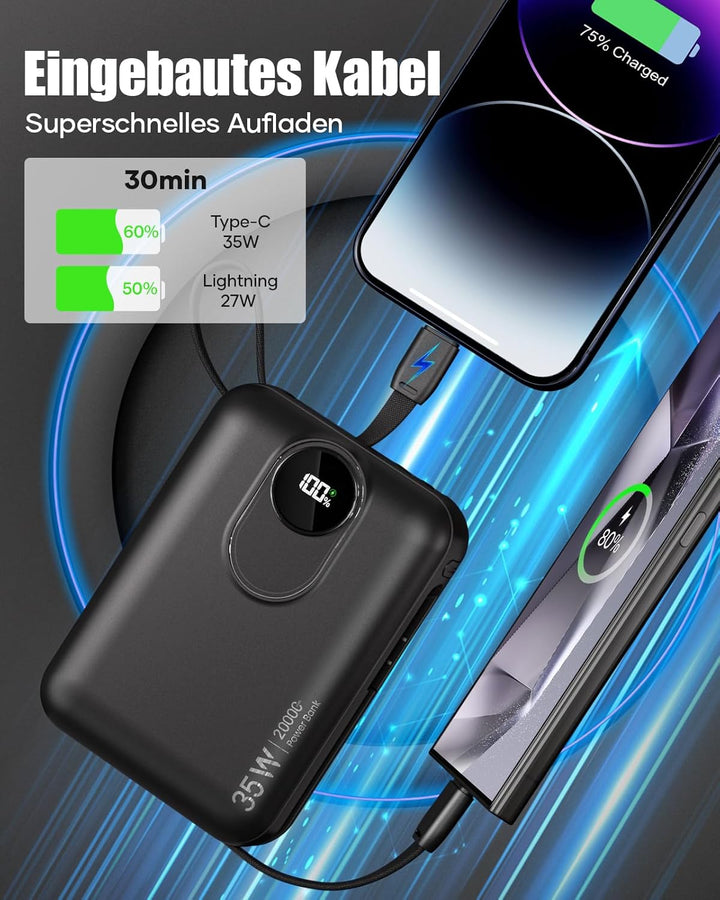 20000mAh Power Bank mit integriertem Kabel: 22.5W Schnell Aufladende Externe Batterie für Handy, USB