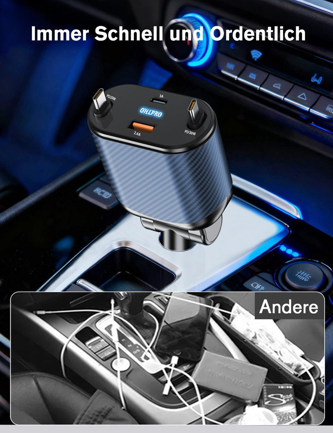 OHLPRO 4 in 1 Einziehbares Auto Ladegerät Zigarettenanzünder USB-C mit 2 Typ-C Kabel, Handy Schnelll