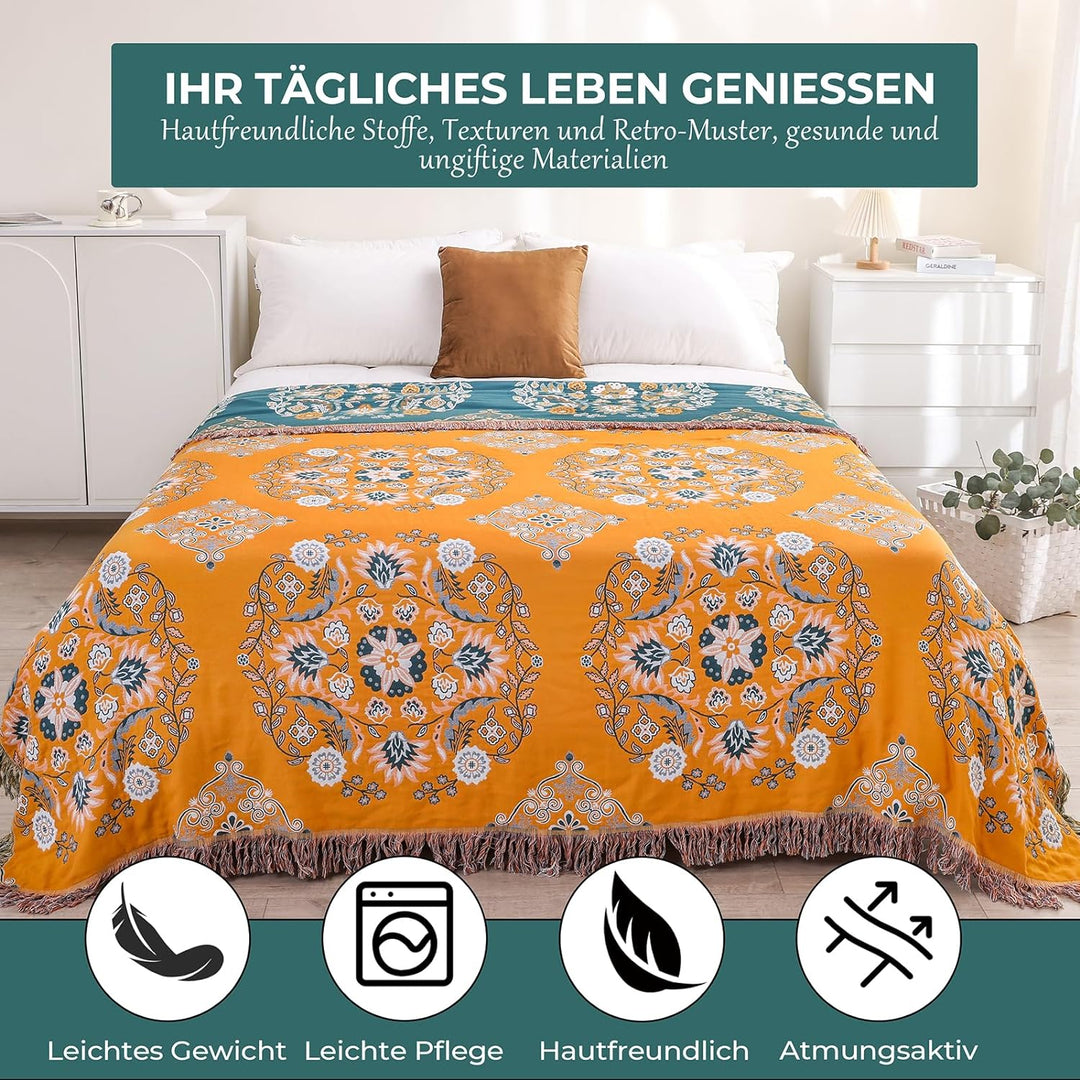 HOORDRY 100% Baumwolle Decke 230 x 250CM Boho Tagesdecke Doppelseitig Kuscheldecke Sofaüberwurf Wend