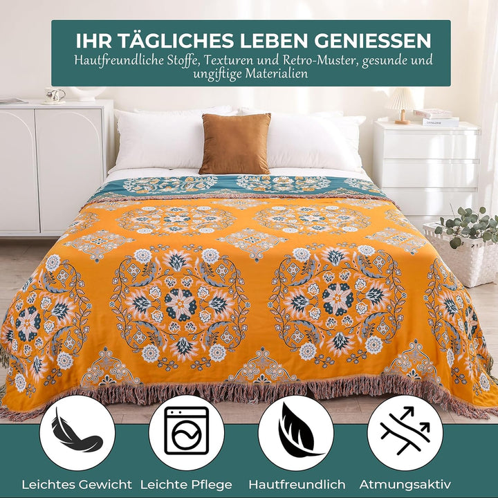 HOORDRY 100% Baumwolle Decke 230 x 250CM Boho Tagesdecke Doppelseitig Kuscheldecke Sofaüberwurf Wend