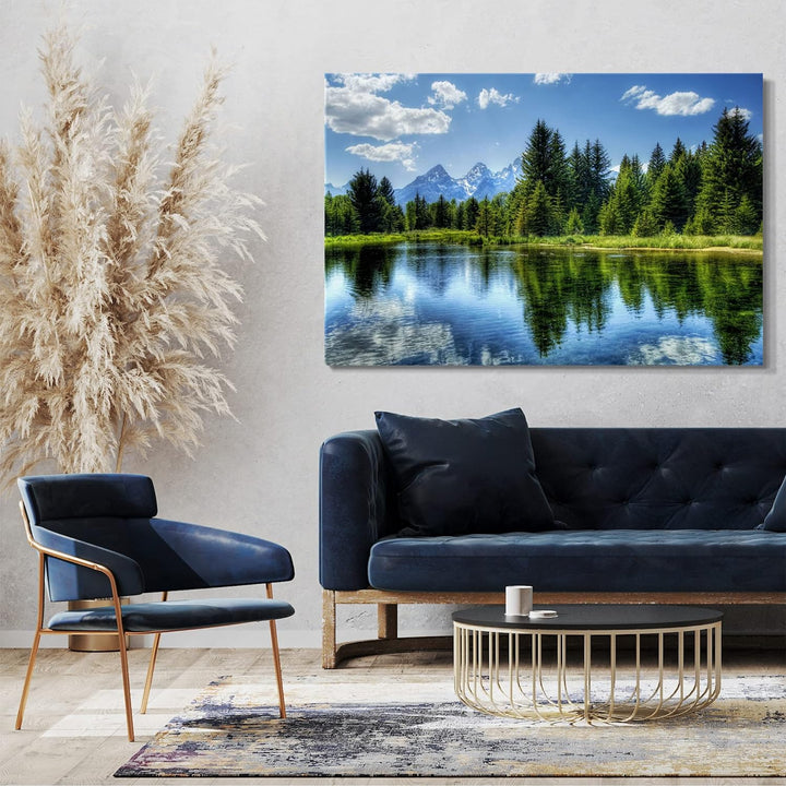 Printed Paintings Leinwand (60x40cm): Landschaftsbilder grüner Wald, dahinter Berge, Spiegelung i 60