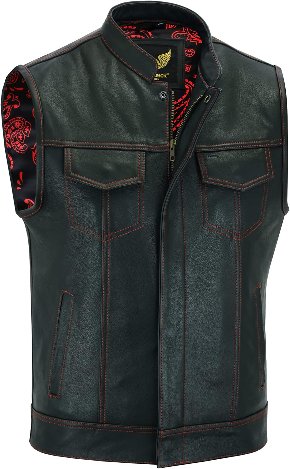 Leatherick Groove Club Herren-Motorradweste aus schwarzem Leder – Bikerweste 46 Schwarz (rote Fadenn