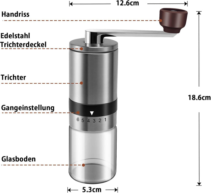 BRAVECOW Tragbare kaffeemühle manuell,Kegelmahlwerk aus Edelstahl kaffee mühle mit 6 einstellbaren S