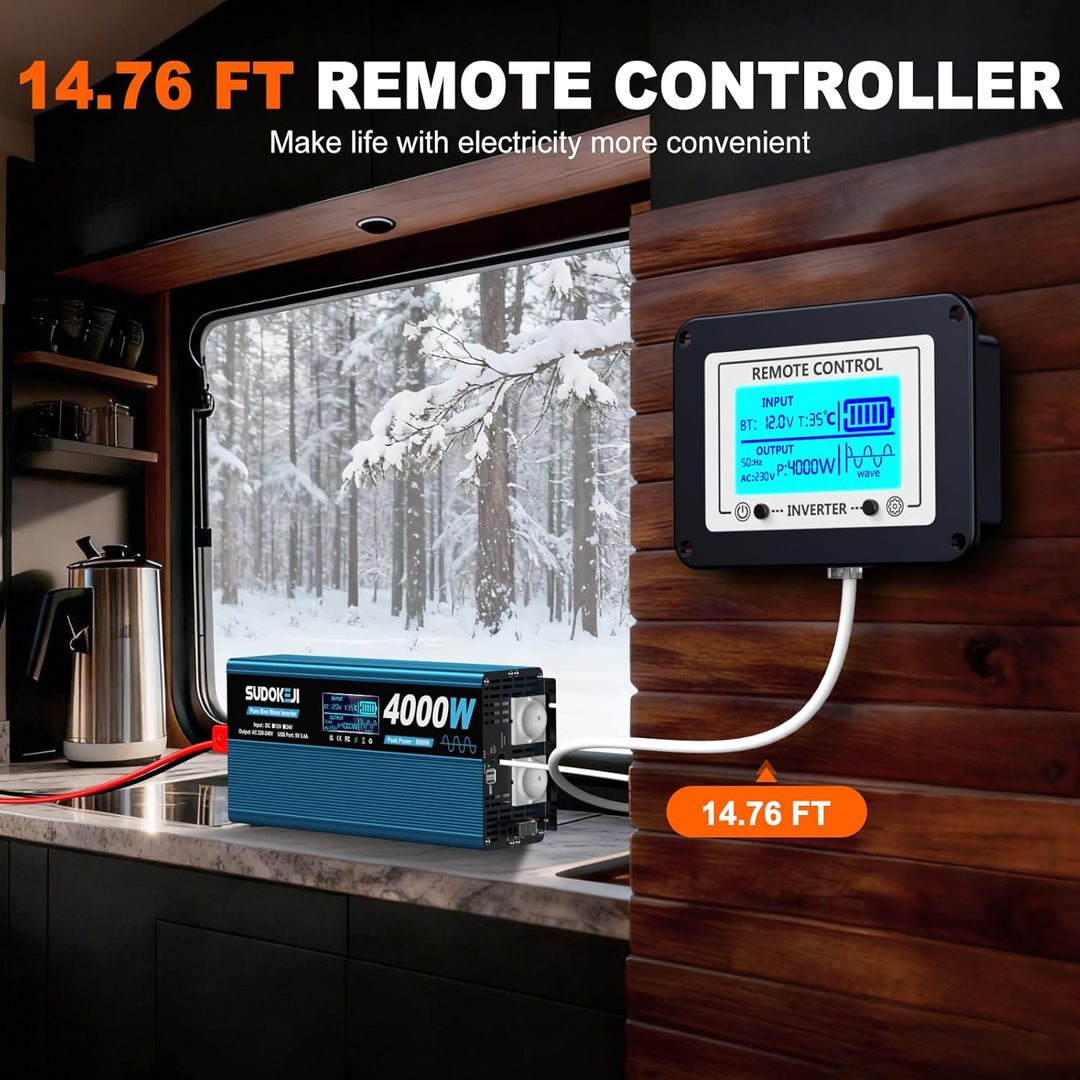 Wechselrichter 12V auf 230V Reiner Sinus 4000W Spannungswandler mit LCD-Bildschirm-Fernbedienung 2 E