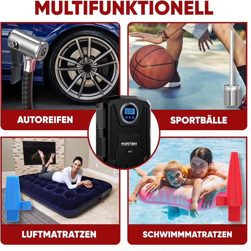 Fortem Tragbarer Kompressor Autoreifen, Kompressor Fahrrad, 12V Autoreifen Pumpe und Fahrradpumpe El