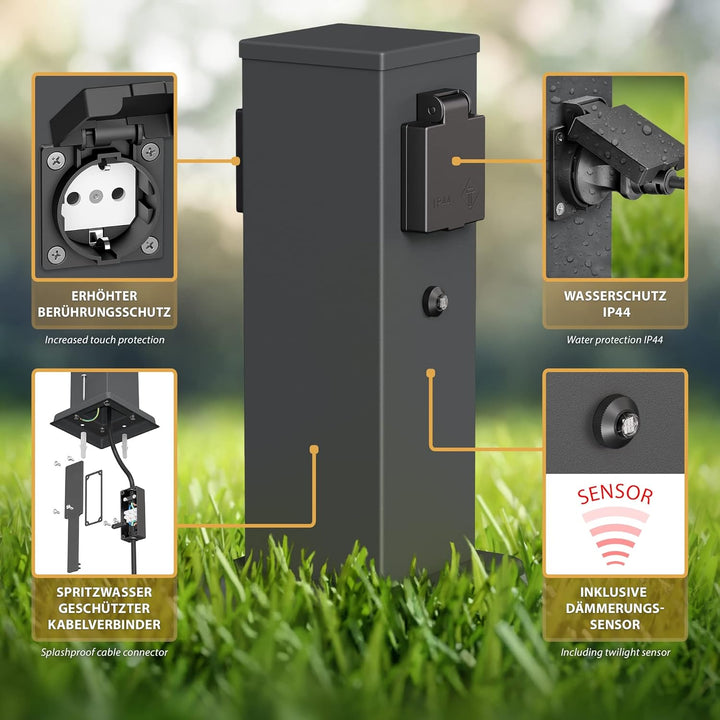 ledscom.de Garten-Steckdosen-Säule Polly mit Dämmerungssensor und Erdspiess für aussen, 2-Fach, anth