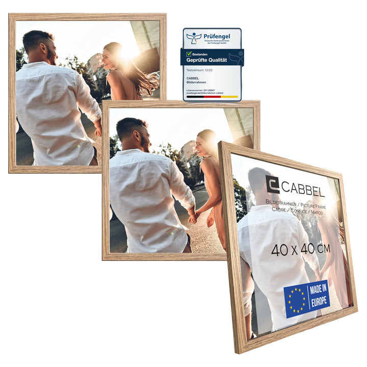 CABBEL Dreierpack (3 STK.) Bilderrahmen 40x40 cm MDF Holz-Rahmen in Eiche | mit bruchsicherem Plexi-