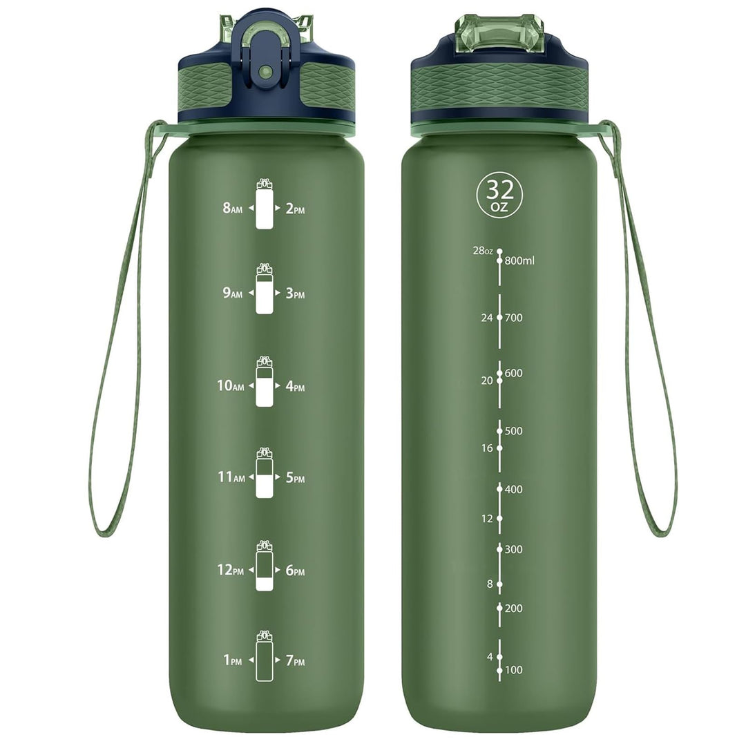 Trinkflasche, 1L Sport-Wasserflasche mit Strohhalm, Zeitmarkierungen, auslaufsicher, BPA-freiTritan,
