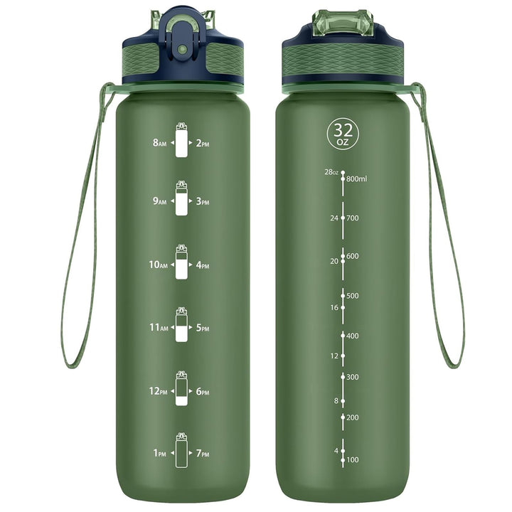 Trinkflasche, 1L Sport-Wasserflasche mit Strohhalm, Zeitmarkierungen, auslaufsicher, BPA-freiTritan,