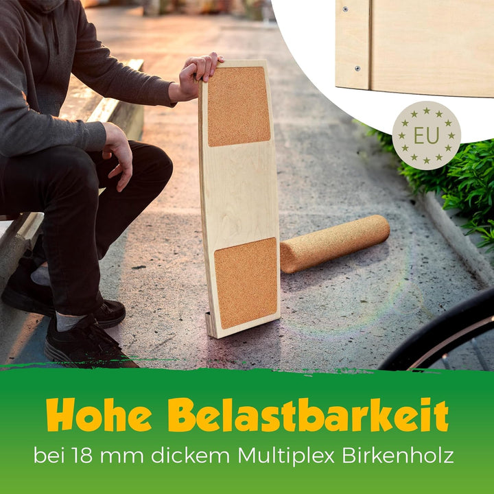 Balance-Board mit Korkpads & Korkrolle | 70 x 30 cm | Gleichgewichtsbrett | Wackel-Brett | Koordinat