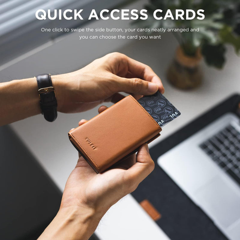 VULKIT Kreditkartenetui RFID-blockierende Pop-Up-Kartentasche aus Echtem Leder mit Geldscheinfach, A