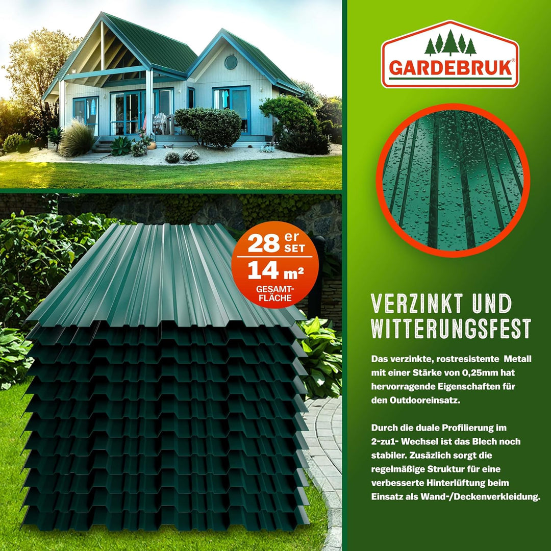 GARDEBRUK® 28x Trapezblech 110x46cm = 14m² Verzinkt Rostresistent Wetterfest Profilblech Dachblech W