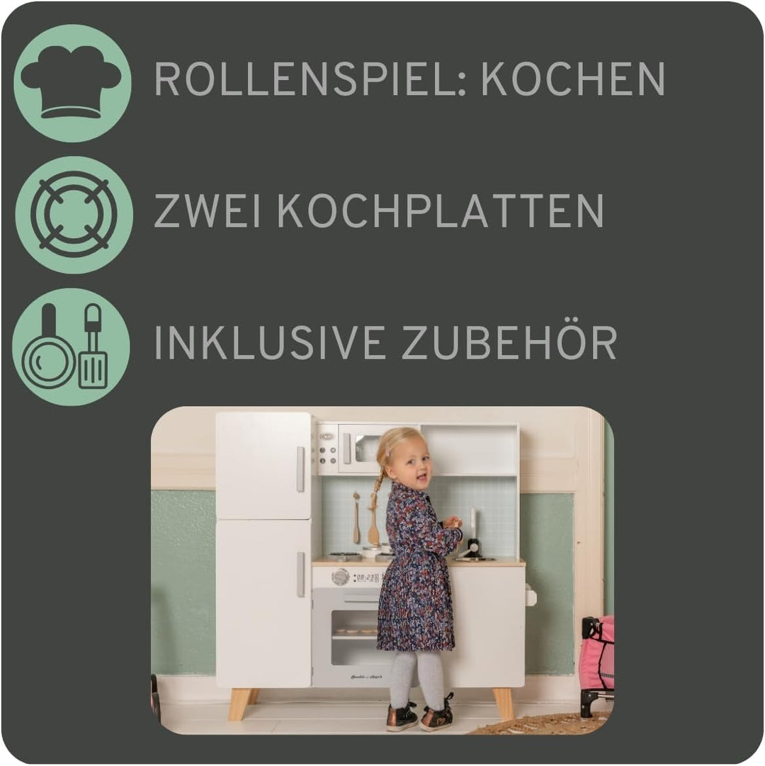 Bandits & Angels Holz-Kinderküche XL Modern Weiss/Grau ab 3 Jahren – Thekenhöhe 52 cm – Inkl. 5 Zube