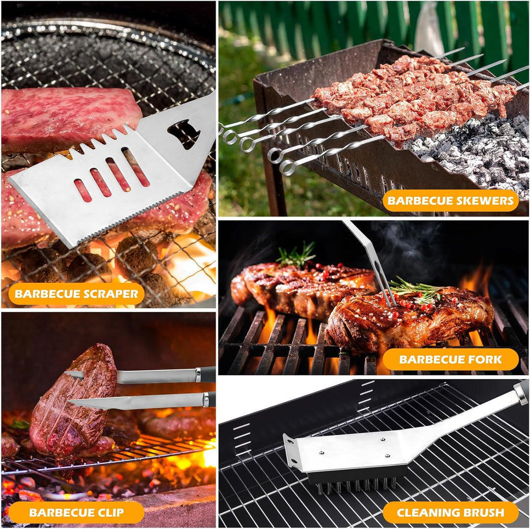 Premium Grillzubehör Set 10-teilig Edelstahl Rostfrei - Grillwerkzeug Set mit Spatel, Grillzange, Fl
