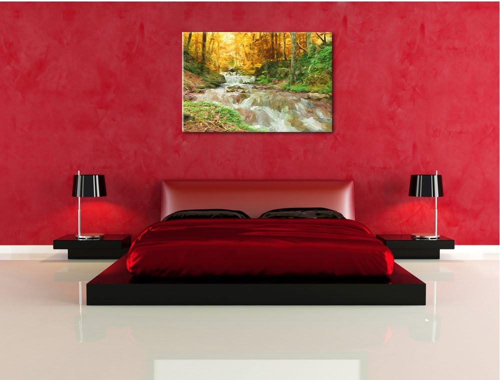Pixxprint Waldbach im Herbst als Leinwandbild/Grösse: 100x70 cm/Wandbild/Kunstdruck/fertig bespannt,