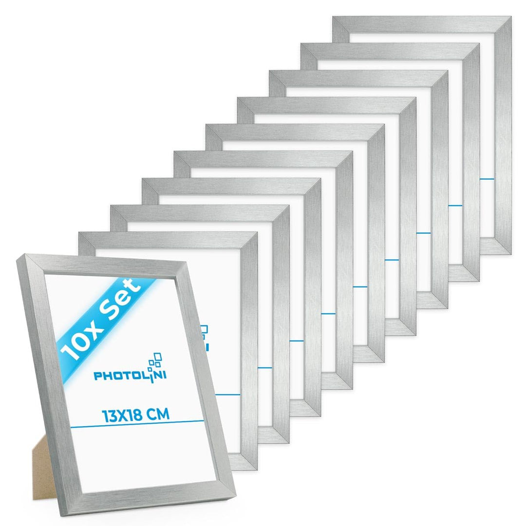 PHOTOLINI Bilderrahmen 13x18 Silber, 10er Set Bilderrahmen 13x18 Holz MDF, Fotorahmen 13 x 18 mit Ac