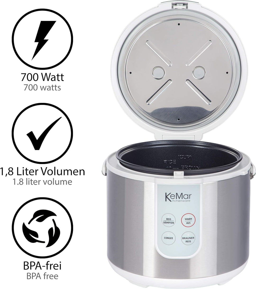 KeMar Reiskocher +GRATIS Essstäbchen (700W, 1,8l, Edelstahl) Brauner Reis, Naturreis - Keramik Besch