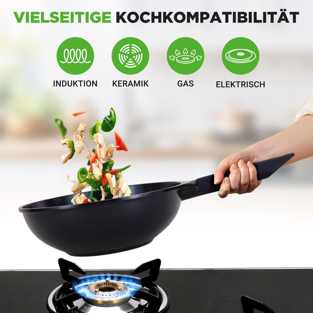 NutriChef Pfannenset 5-teilig – Grillpfanne, Wokpfanne, Bratpfanne 28 cm, Fischpfanne oval, Glasdeck
