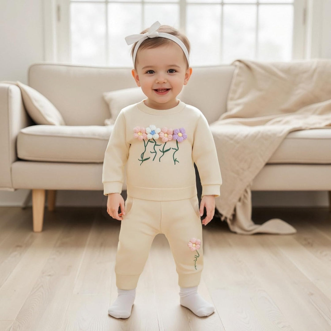 2pcs Baby Mädchen Kleidung 3D Blumen Druck Outfit Langarm Shirt + Hose Neugeborene Babykleidung klin