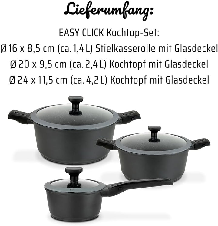 GSW 167772 Kochtopf-Set Easy Click 6-tlg, Aluminium, Kunststoff, Glas, Silikon, schwarz