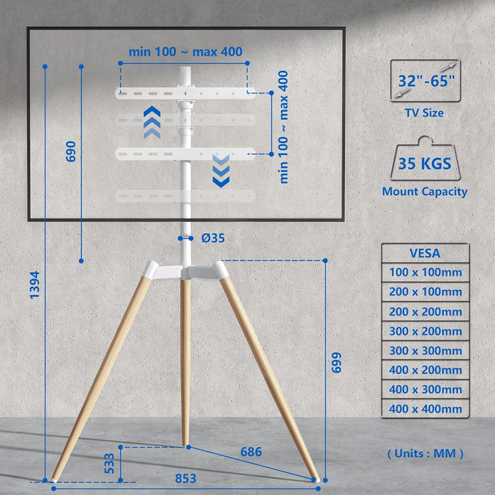 RFIVER Tripod TV Ständer Stativ Ständer Tripod Fernsehständer TV Bodenständer mit Staffelei Höhenver