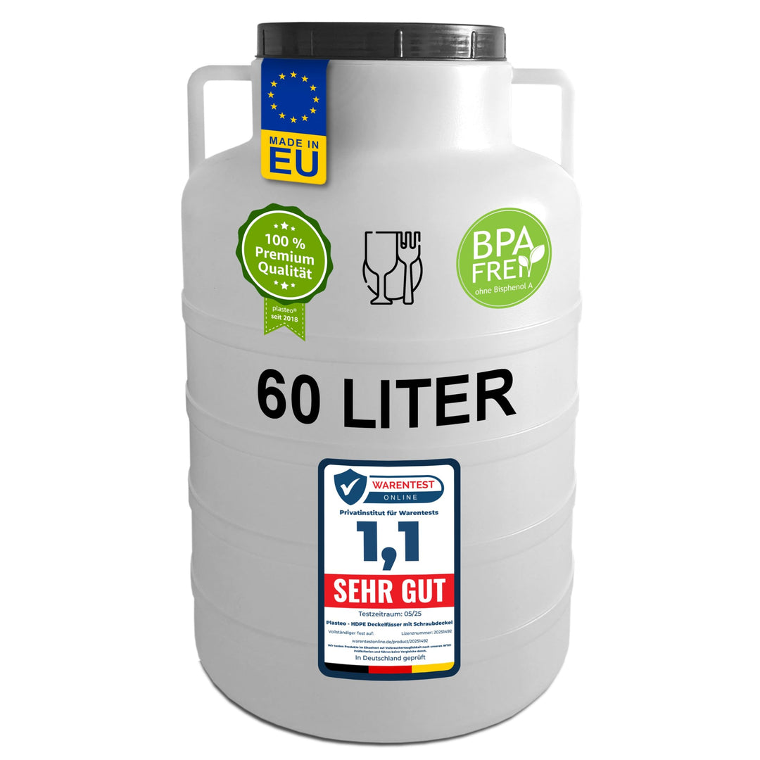 Plasteo® 60 Liter Weithalsfass Natur Rund mit Deckel und Henkeln, Lebensmittelecht und BPA-Frei, Fut