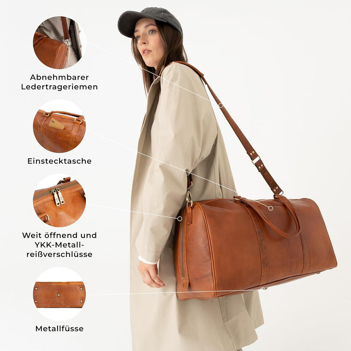 Berliner Bags Vintage Weekender Boston aus Leder, Reisetasche für Damen und Herren - Braun