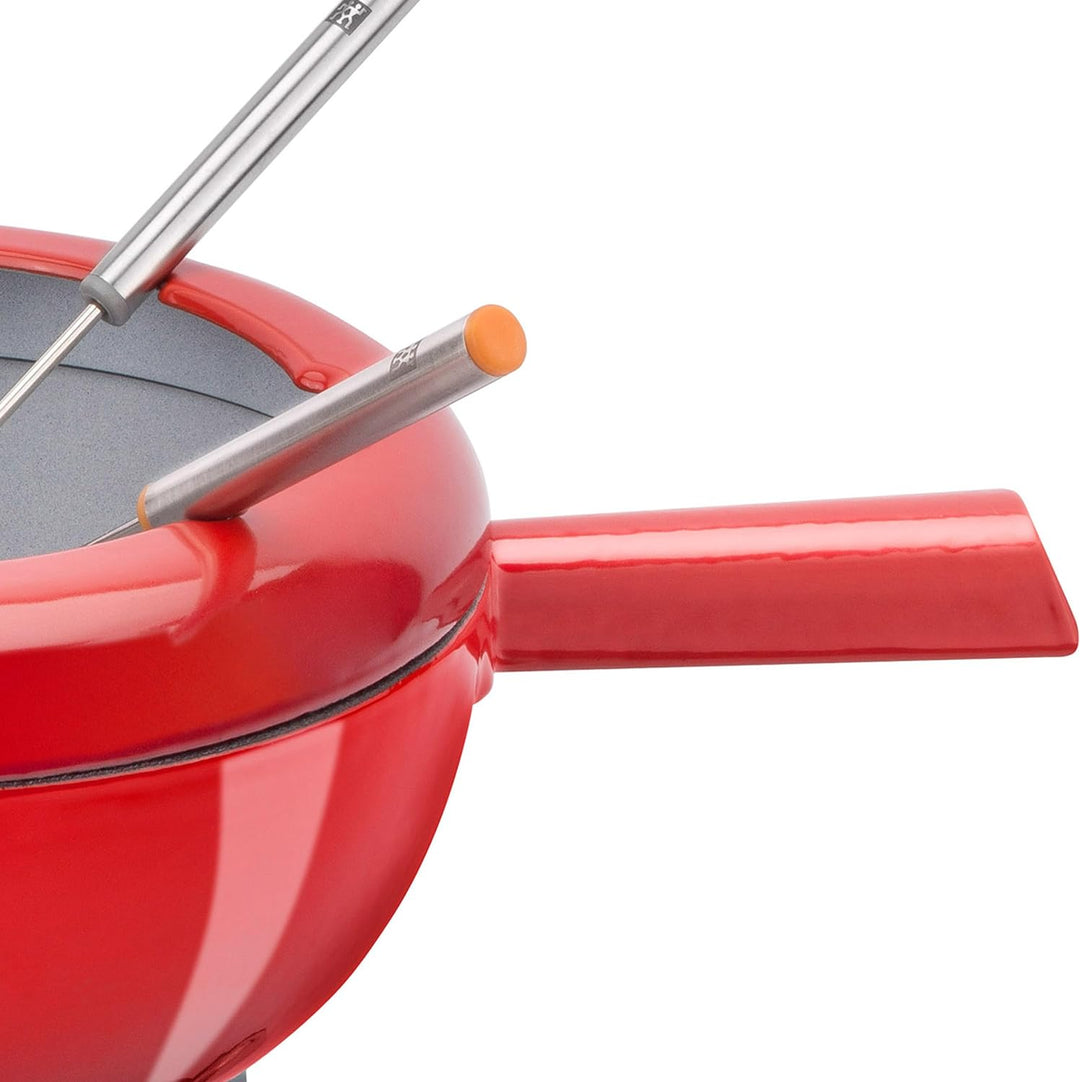 Zwilling Cherry Emaille Gusseisen Pfanne Schweizer Fondue Set für geschmolzenen Käse 6 Edelstahl Gab