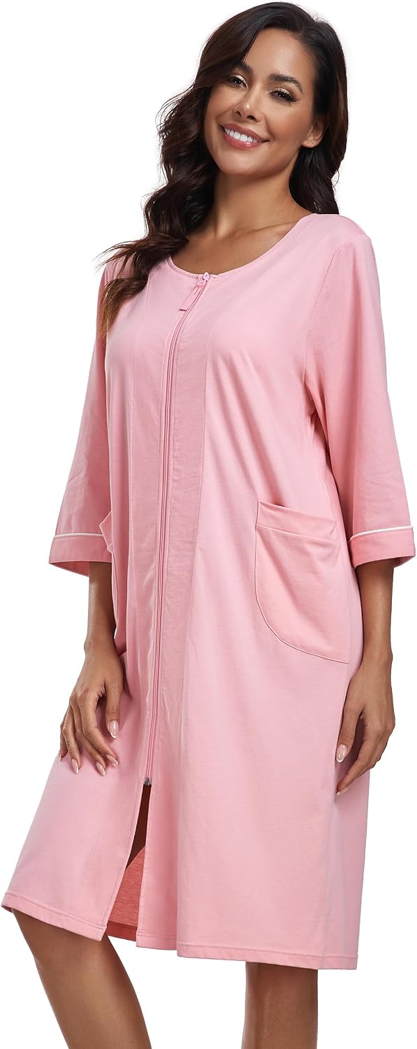 COLORFULLEAF 100% Baumwolle Morgenmantel Damen Leicht Bademantel Damen 3/4 Ärmel mit Reissverschluss